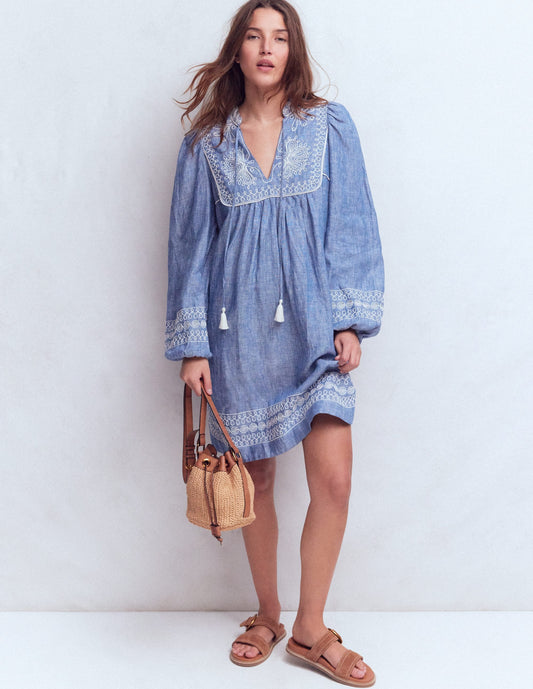 Robe Pia en Lin Avec Empiècement à Pampilles - Broderie chambray