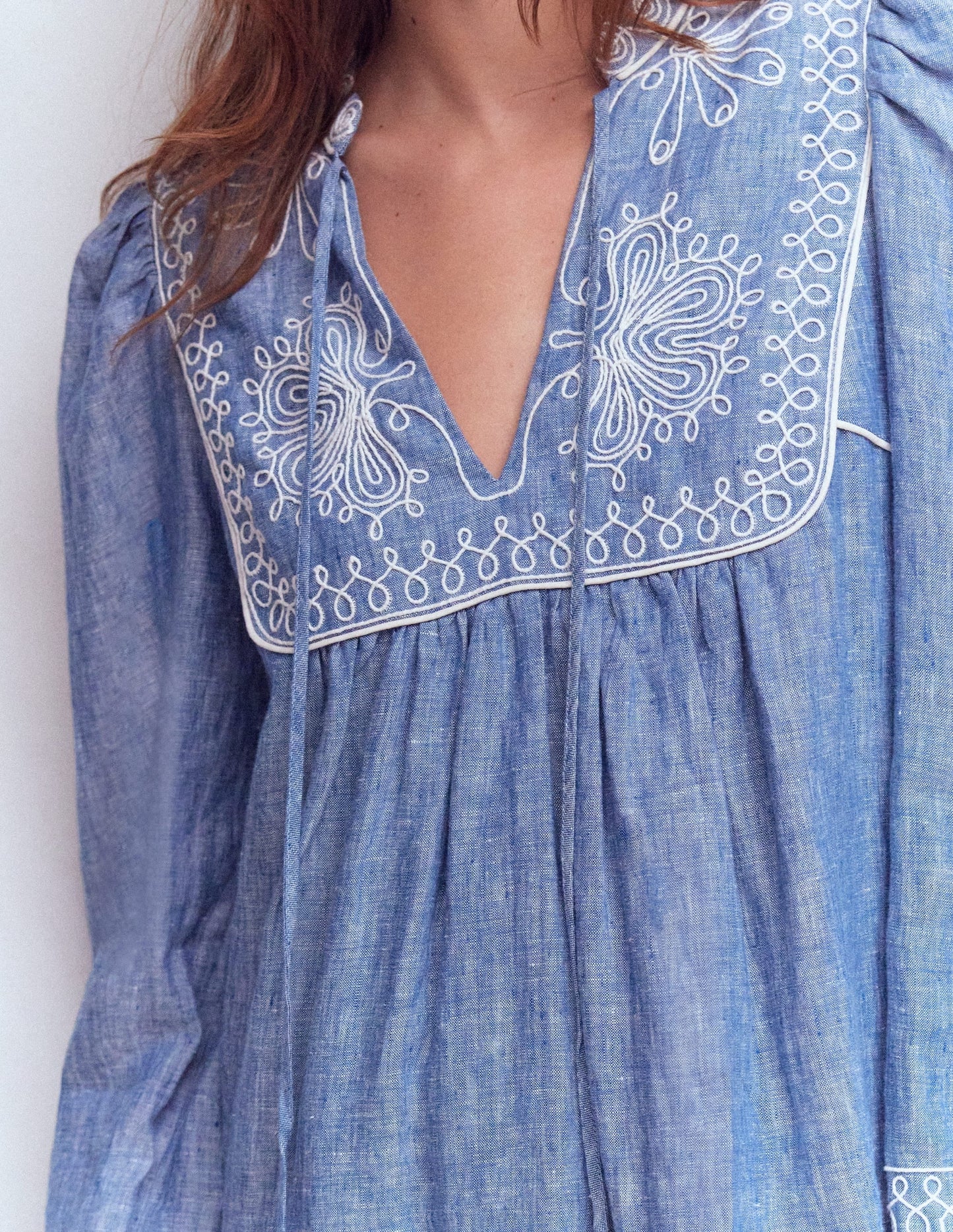 Robe Pia en Lin Avec Empiècement à Pampilles - Broderie chambray