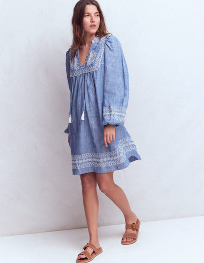 Robe Pia en Lin Avec Empiècement à Pampilles - Broderie chambray