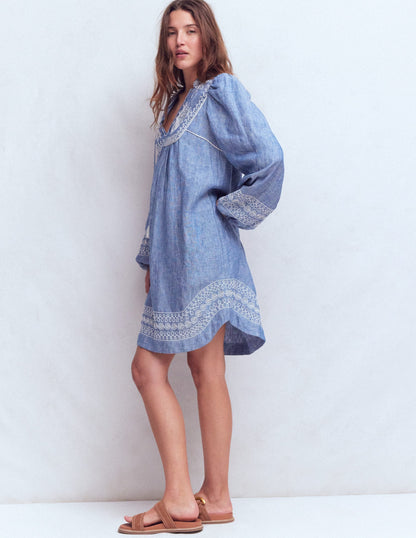 Robe Pia en Lin Avec Empiècement à Pampilles - Broderie chambray