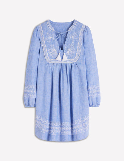Robe Pia en Lin Avec Empiècement à Pampilles - Broderie chambray