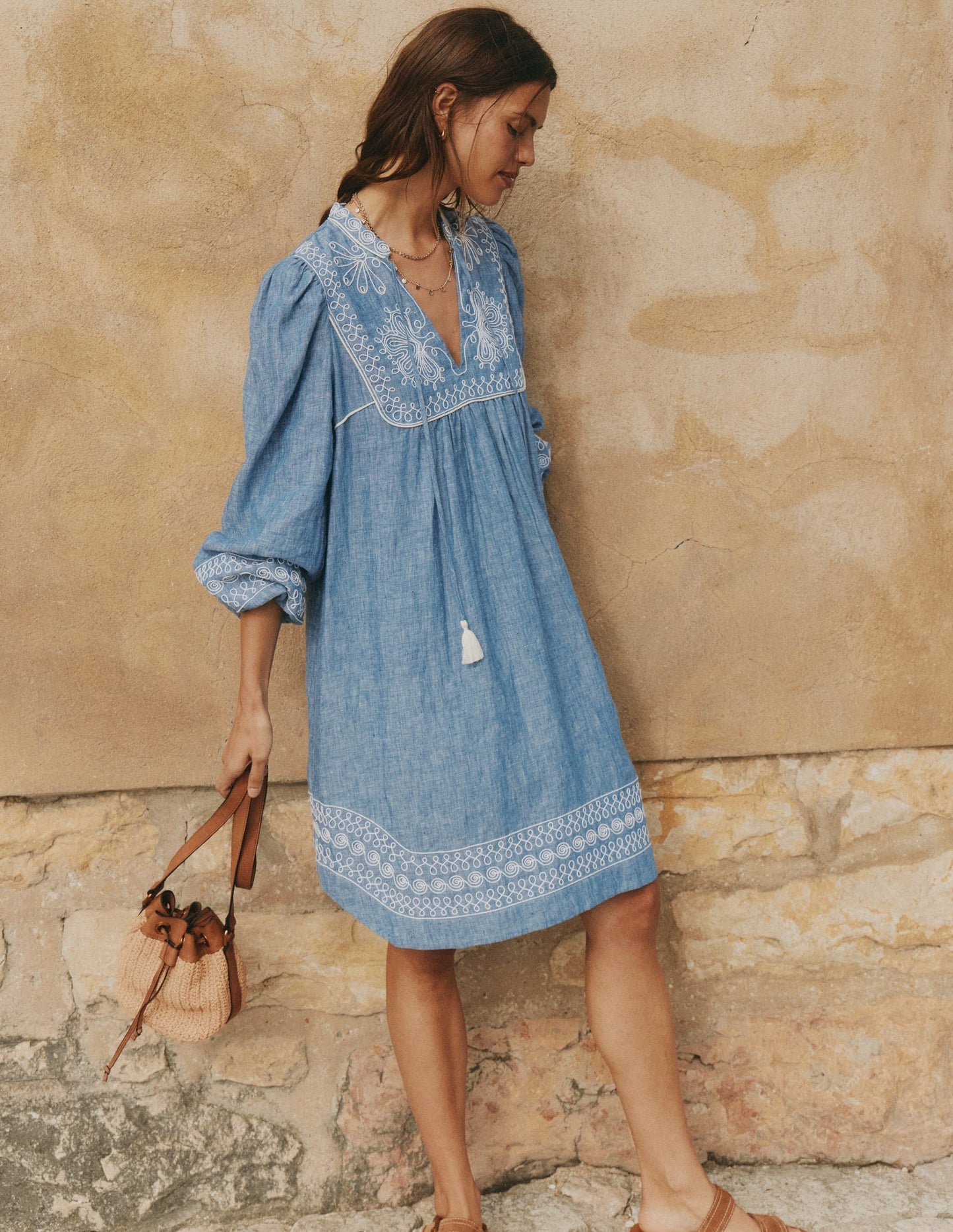 Robe Pia en Lin Avec Empiècement à Pampilles - Broderie chambray