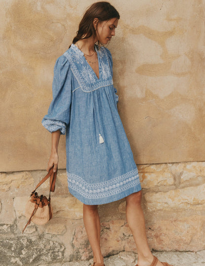 Robe Pia en Lin Avec Empiècement à Pampilles - Broderie chambray