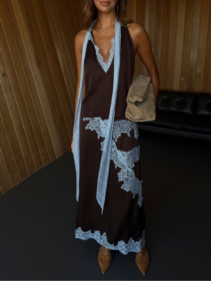 Elegante Bruin-Blauwe Kanten Top + Rokenset