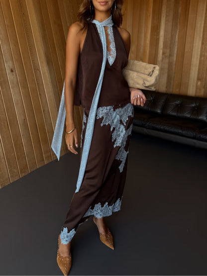 Elegante Bruin-Blauwe Kanten Top + Rokenset