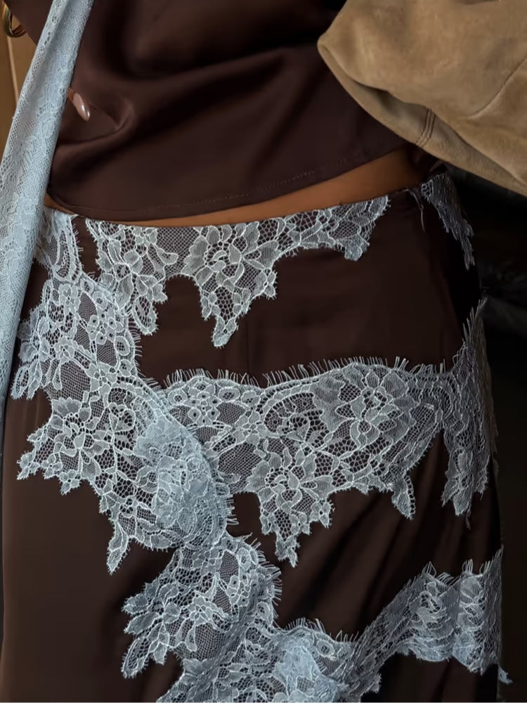 Elegante Bruin-Blauwe Kanten Top + Rokenset